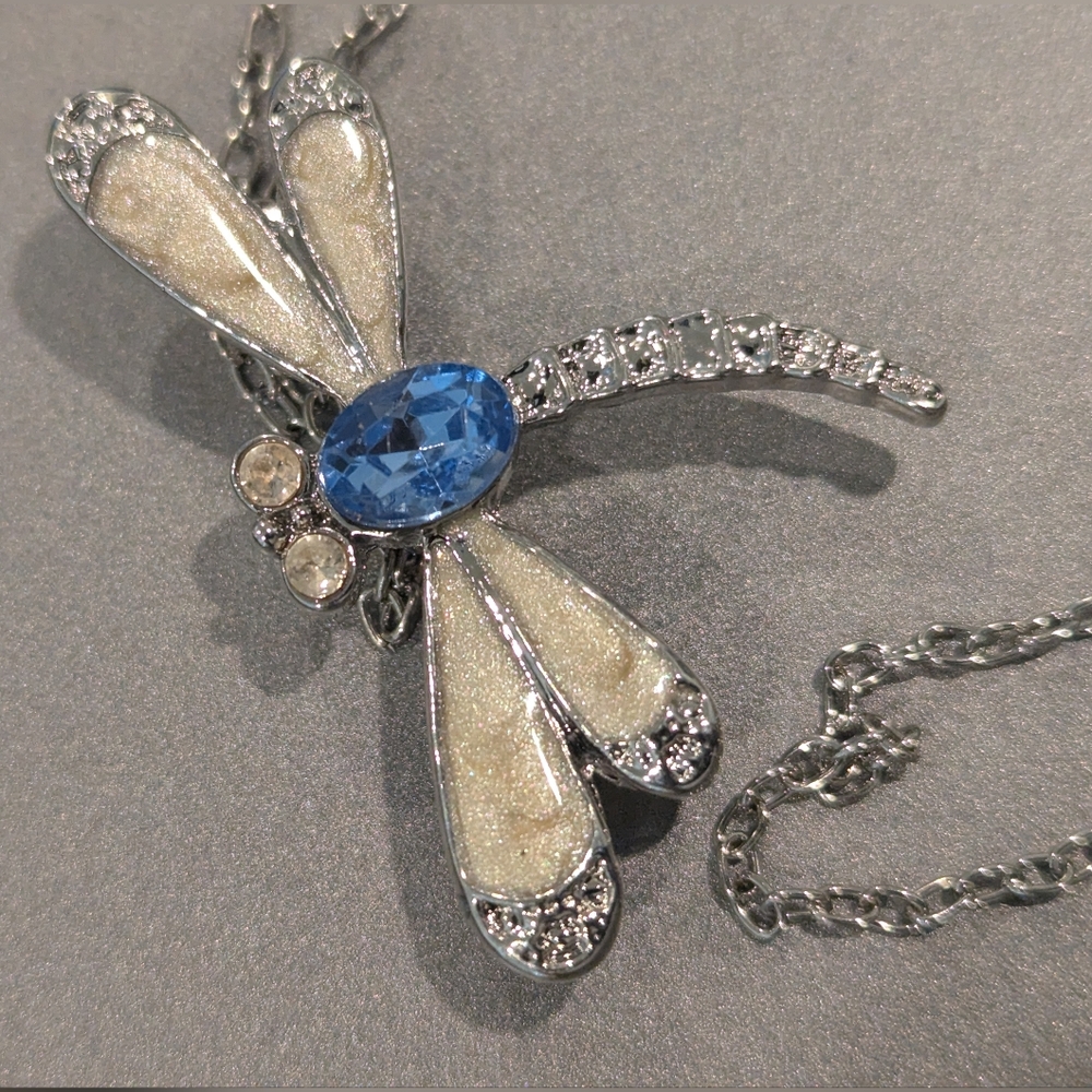 Dragonfly Pendant Necklace/ Brooch Elegant Silver and Blue Mother Of Pearl Wings